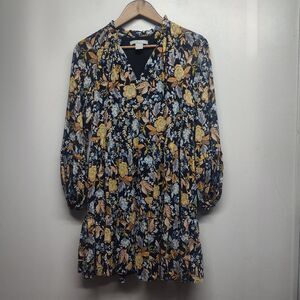 Lucky Brand Mini Dress Women Size XS Black Floral Long Sleeve Bohemian Fall